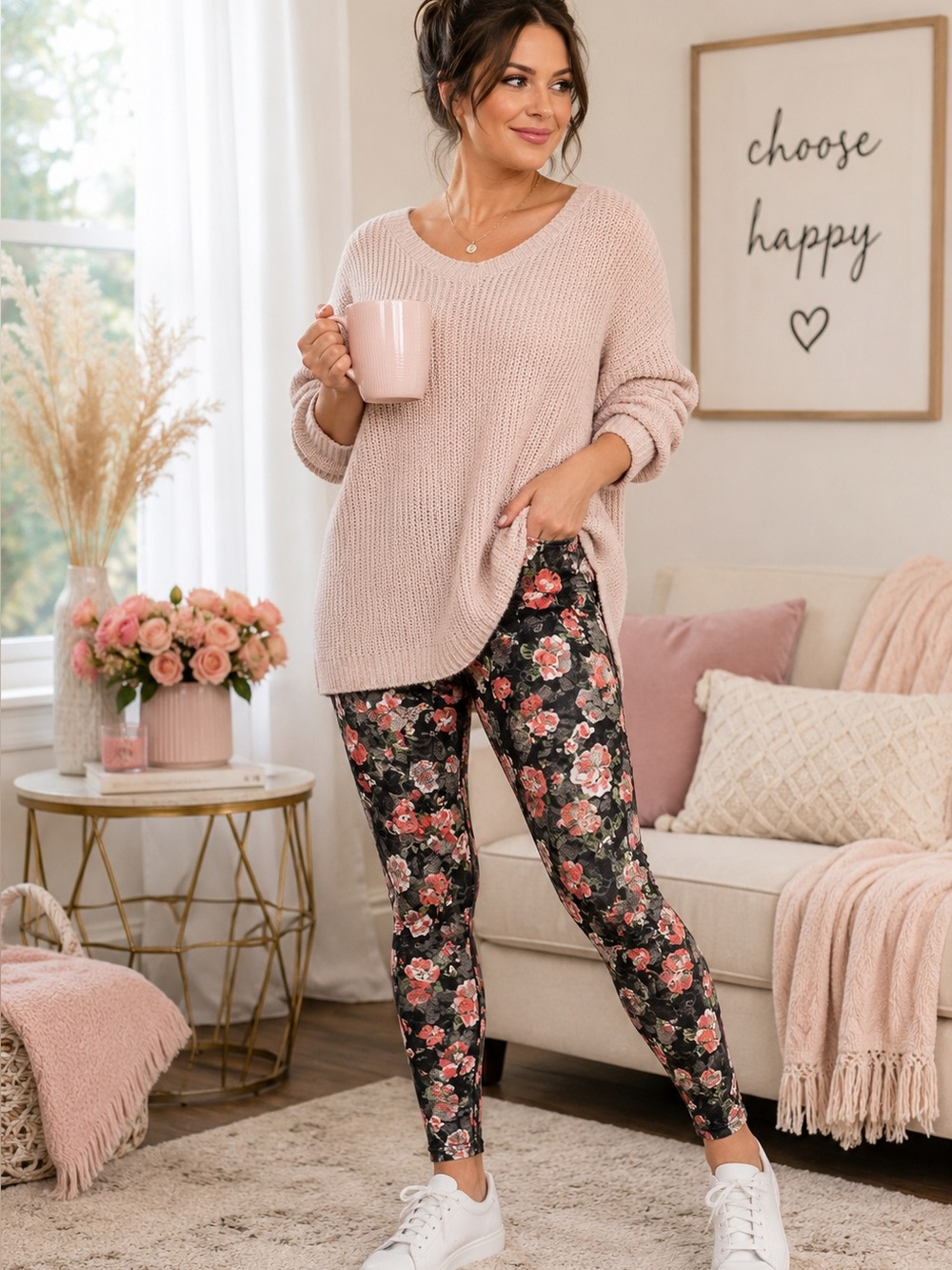 Kona Floral Print Leggings Black Pink Rose Stretch Pants Women’s Size S NWT